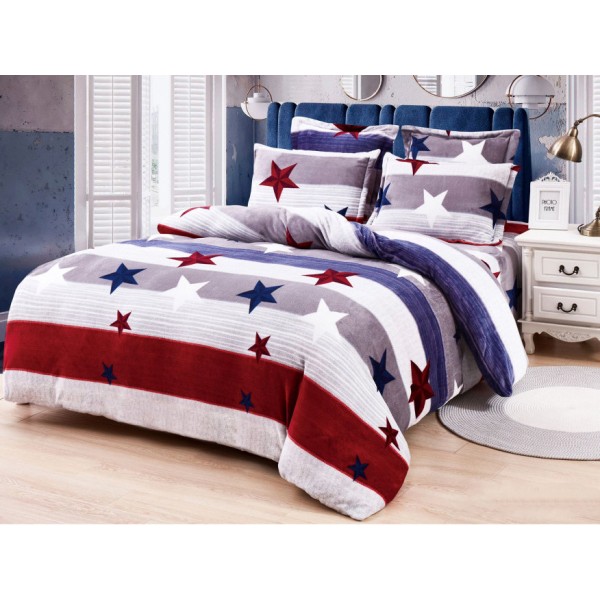 Lenjerie pat dublu, Super Pufoasa COCOLINO, 6 piese, Alb-Multicolor, stelute, dungi [1]