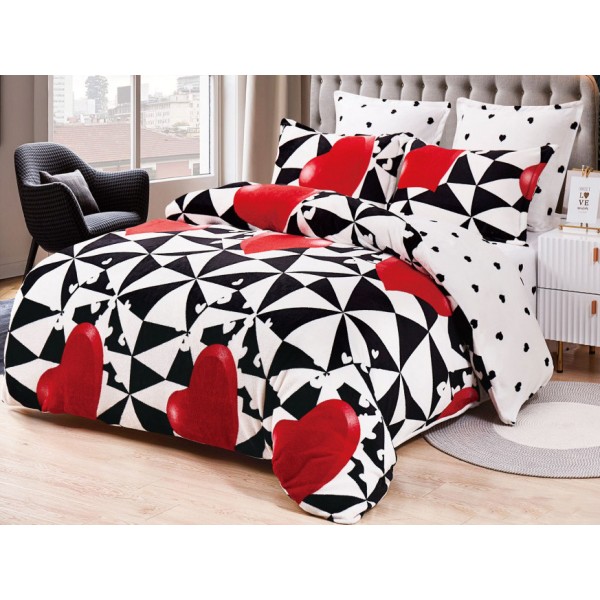 Lenjerie pat dublu, Super Pufoasa COCOLINO, 6 piese, Rosu-Alb-Negru, forme geometrice, inimioare [1]