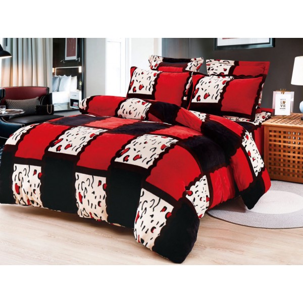 Lenjerie pat dublu, Super Pufoasa COCOLINO, 6 piese, Rosu-Alb-Negru, forme geometrice [1]