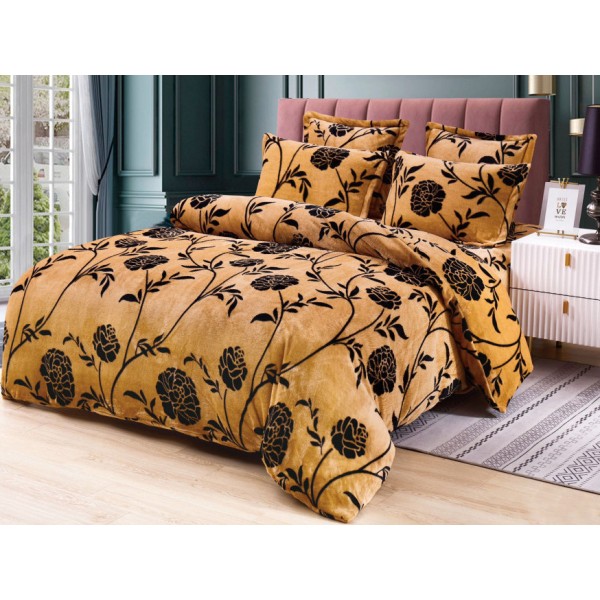 Lenjerie pat dublu, Super Pufoasa COCOLINO, 6 piese, Mustar-Negru, flori [1]