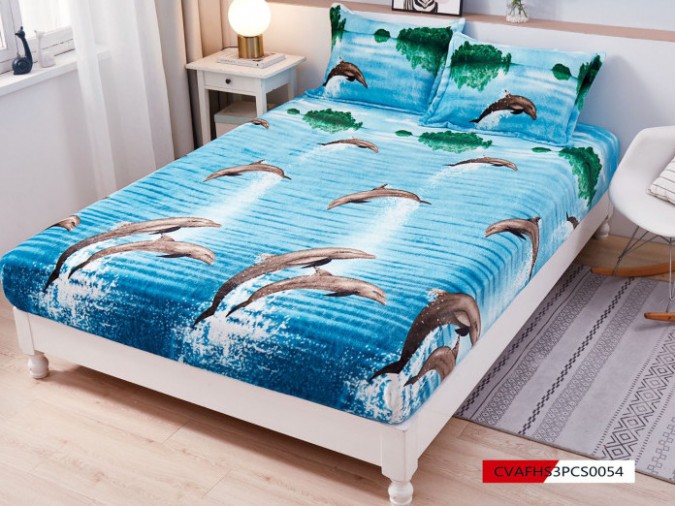  Cearsaf pufos COCOLINO, 180x200cm, cu elastic, 2 fete de perne, 50x70cm, Bleu-Multicolor, delfini