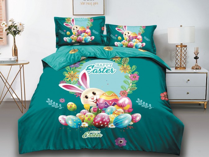 OFERTA 1+1=159 Lei: Lenjerie pat dublu FINET DELUXE Easter Collection 4 piese IDENTICA CU POZA Turquoise