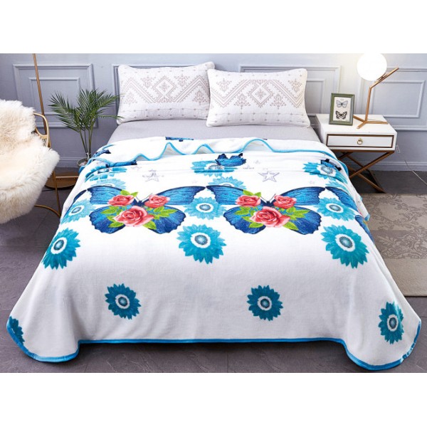 Patura pufoasa cocolino 200x230cm, 300gr/mp, Alb-Albastru, Fluturi, Flori [1]