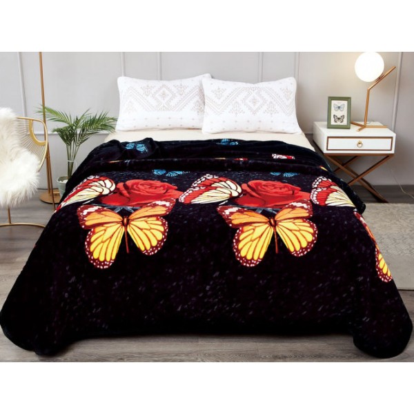 Patura pufoasa cocolino 200x230cm, 300gr/mp, Negru-Rosu, fluturi, trandafiri [1]