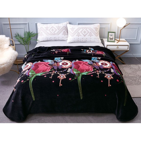Patura pufoasa cocolino 200x230cm, 300gr/mp, Negru-Roz, Fluturi, Trandafiri [1]
