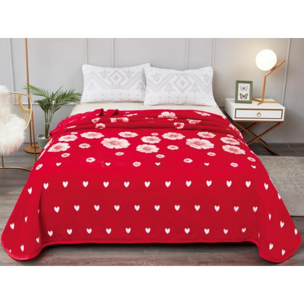 Patura pufoasa cocolino 200x230cm, 300gr/mp, Rosu-Alb, inimioare, flori [1]
