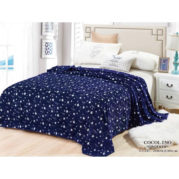 Patura pufoasa cocolino gofrata 200x230cm, 300gr/mp, Bleumarin-Alb, Stelute [1]