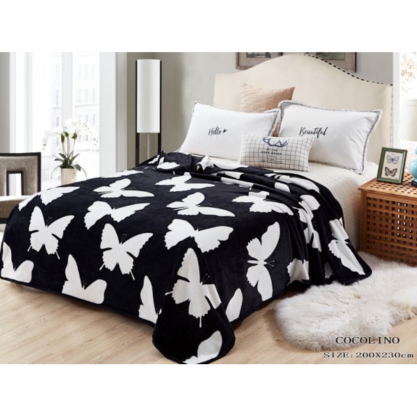 Patura pufoasa cocolino 200x230cm, 300gr/mp, Negru-Alb, Fluturi [1]