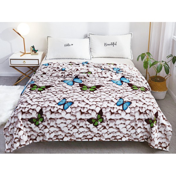 Patura pufoasa cocolino gofrata 200x230cm, 300gr, Gri-Albastru, fluturi, pietre [1]