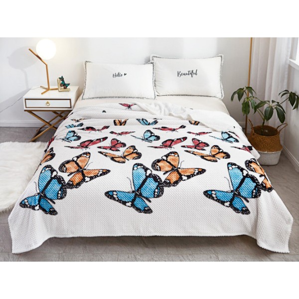 Patura pufoasa cocolino gofrata 200x230cm, 300gr, Alb-Albastru, fluturi [1]