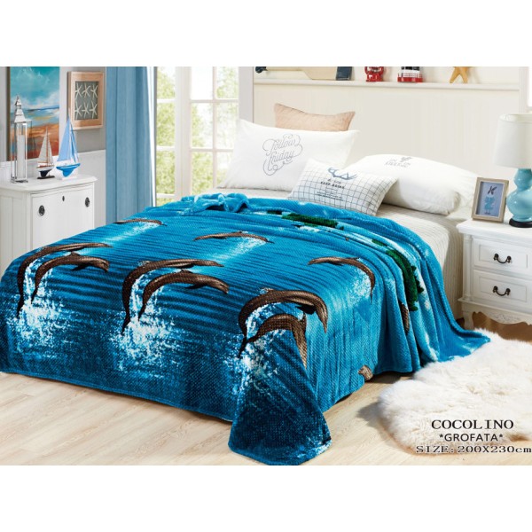 Patura pufoasa cocolino gofrata 200x230cm, 300gr/mp, Albastru-Gri, Delfini [1]