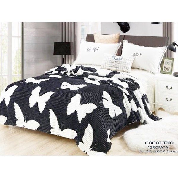 Patura pufoasa cocolino gofrata 200x230cm, 300gr/mp, Negru-Alb, Fluturi [1]
