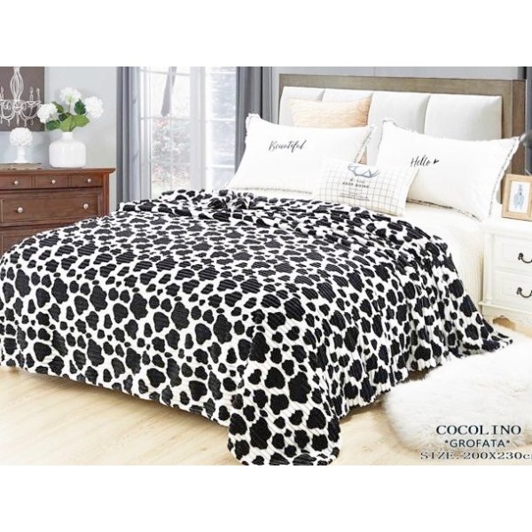 Patura pufoasa cocolino gofrata 200x230cm, 300gr/mp, Crem-Negru, Animal Print [1]