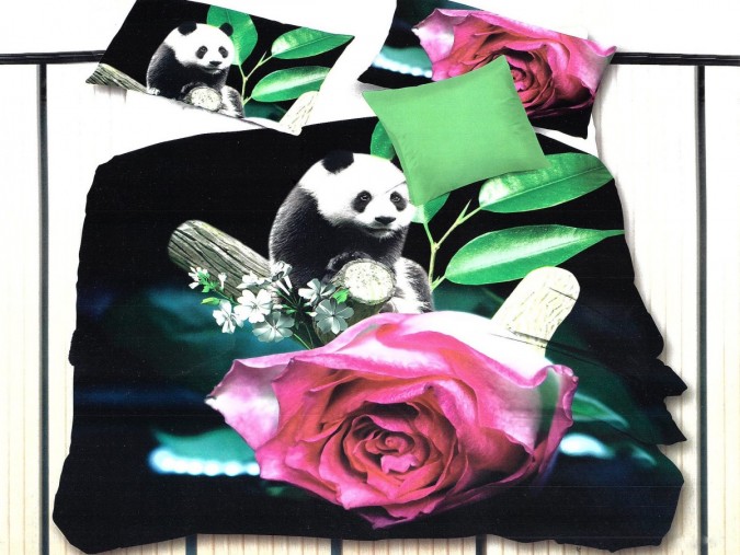 Lenjerie pat dublu, 4 piese, IMPRIMEU 3D, Microfibra, Negru-Multicolor, panda, trandafiri