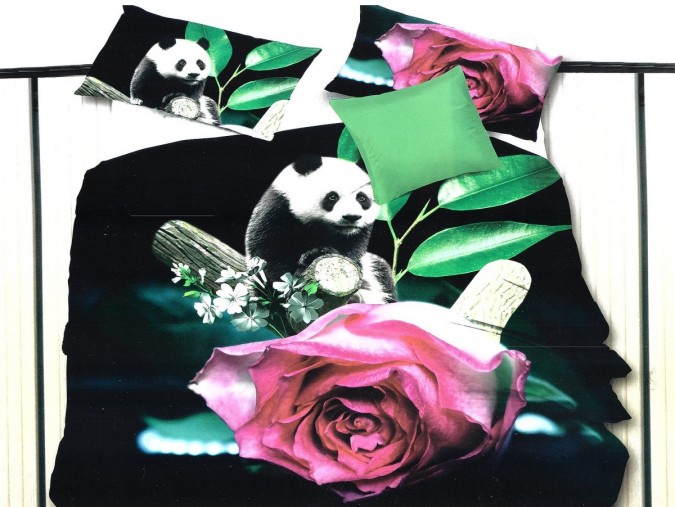 Lenjerie pat dublu, 4 piese, IMPRIMEU 3D, Microfibra, Roz, negru, flori, panda