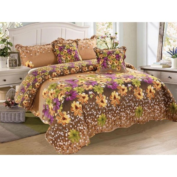 Cuvertura pat dublu din Bumbac Finet, 5 PIESE, Multicolor, flori [1]