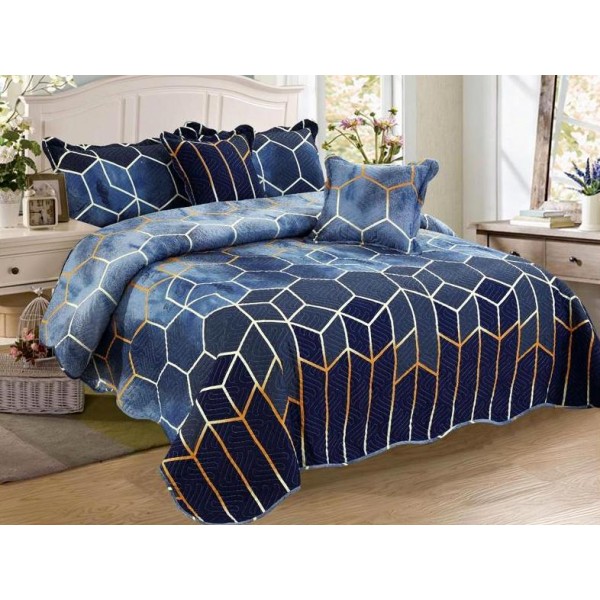 Cuvertura pat dublu din Bumbac Finet, 5 PIESE, Albastru, forme geometrice [1]