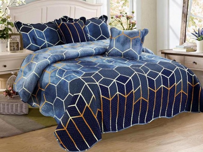 Cuvertura pat dublu din Bumbac Finet, 5 PIESE, Albastru, forme geometrice