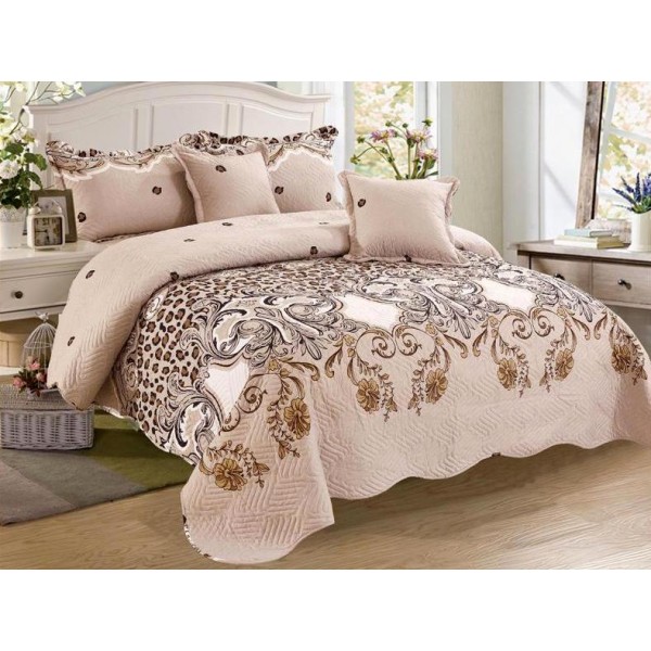 Cuvertura pat dublu din Bumbac Finet, 5 PIESE, Bej-Maro, floral, animal print [1]