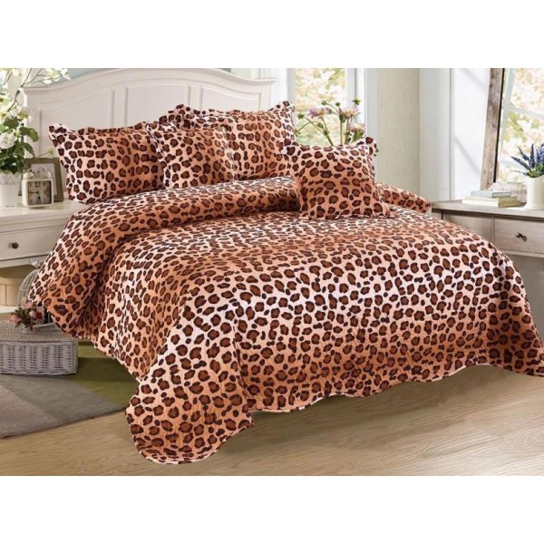 Cuvertura pat dublu din Bumbac Finet, 5 PIESE, Maro, animal print [1]
