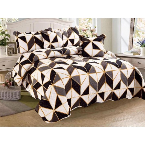 Cuvertura pat dublu din Bumbac Finet, 5 PIESE, Maro, forme geometrice [1]