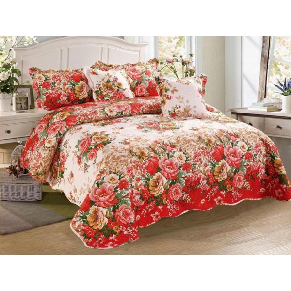Cuvertura pat dublu din Bumbac Finet, 5 PIESE, Multicolor, flori [1]