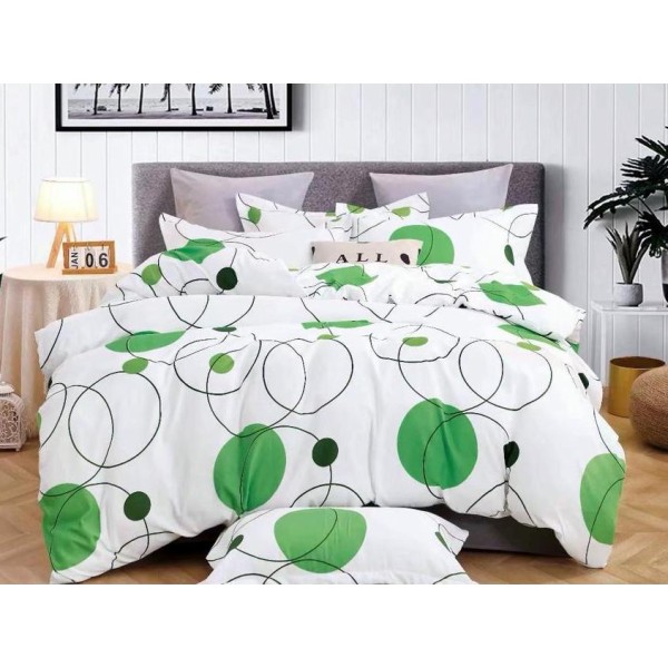 Lenjerie pat dublu,  FINET, 6 piese, Alb-Verde, cercuri, buline [1]