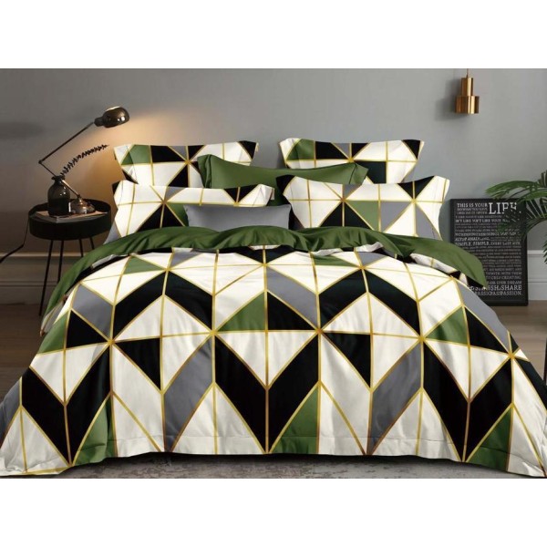 Lenjerie pat dublu,  FINET, 6 piese, Crem-Verde, forme geometrice [1]
