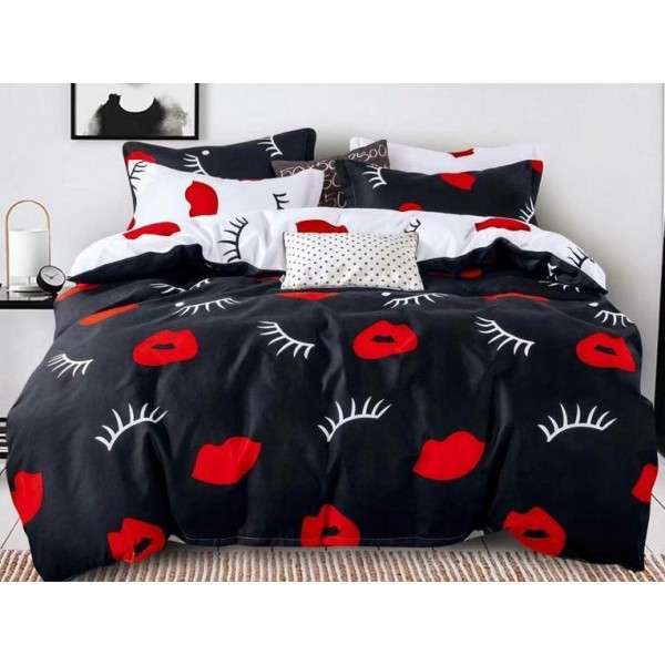 Lenjerie pat dublu,  FINET, 6 piese, Alb-Negru, gene si buze [1]