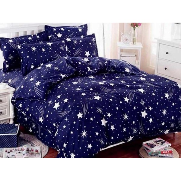 Lenjerie pat dublu,  FINET, 6 piese, Bleumarin, stelute [1]