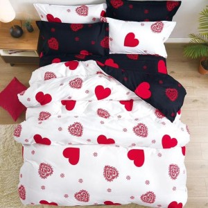 Lenjerie pat dublu (140x200cm, 160x200cm, 180x200cm), Finet Soft, cearsaf clasic, 4 piese, Alb-Rosu, inimioare
