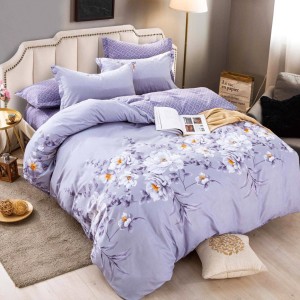 Lenjerie pat dublu,  FINET, 6 piese, cu ELASTIC, Jojo Home, Gri-Movuriu, flori