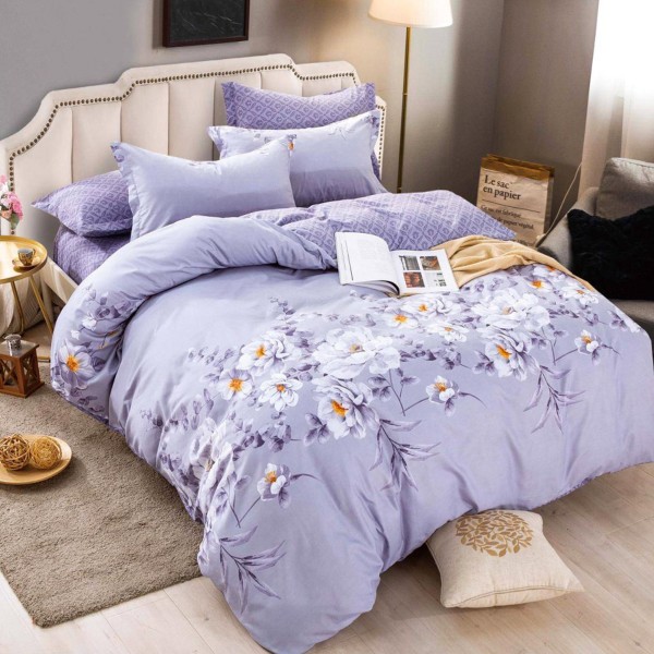 Lenjerie pat dublu,  FINET, 6 piese, cu ELASTIC, Jojo Home, Gri-Movuriu, flori [1]