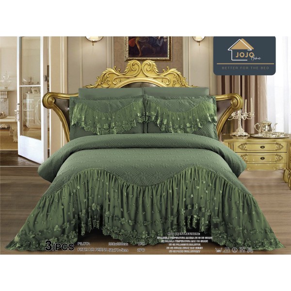 Cuvertura pat dublu, 3 piese, Bumbac Finet, 220x280cm, cu volanase si broderie, Jojo Home, Kaki [1]