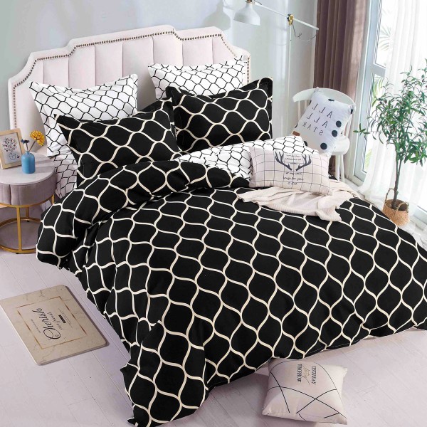 Lenjerie pat dublu,  FINET, 6 piese, cu ELASTIC, Jojo Home, Negru-Alb, model elegant [1]