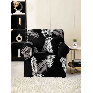 Husa Elastica Pentru fotoliu cu brate, Jojo Home, Negru-Alb, frunze