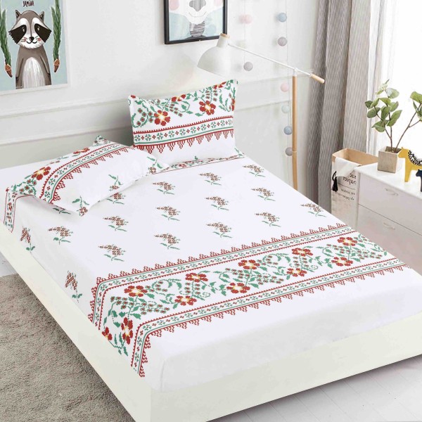 Cearsaf cu elastic, Bumbac FINET, 160/180x200cm, 2 fete de perne 50x70cm, Jojo Home, Alb, model traditional [1]
