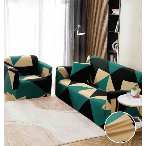 Husa Elastica Pentru Canapea 2 Locuri - M - Jojo Home, Verde-Negru, forme geometrice [1]