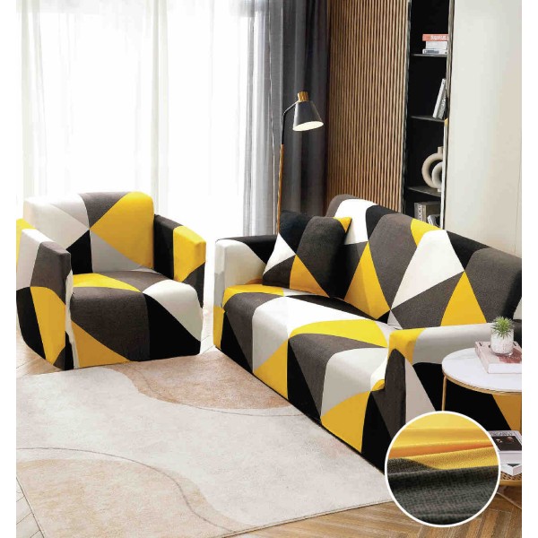 Husa Elastica Pentru Canapea 2 Locuri - M - Jojo Home, Galben-Gri, forme geometrice [1]
