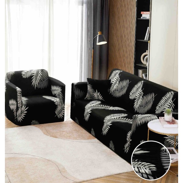 Husa Elastica Pentru Canapea 3 Locuri - L - Jojo Home, Negru, frunze [1]