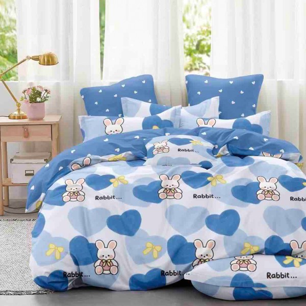 Lenjerie pat 1 PERSOANA,  FINET, 4 piese, Jojo Home, Bleu-Alb, inimioare [1]