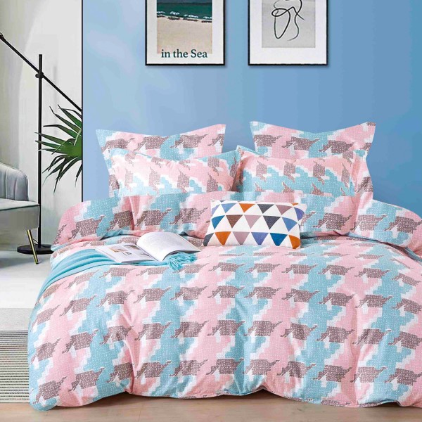 Lenjerie pat 1 PERSOANA,  FINET, 4 piese, Jojo Home, Bleu-Roz, model pepit [1]