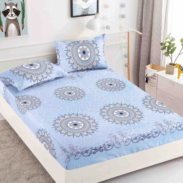 Cearsaf cu elastic, Bumbac FINET, 160/180x200cm, 2 fete de perne 50x70cm, Jojo Home, Bleu, flori [1]
