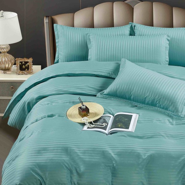 Lenjerie HoReCa, pat dublu, Damasc Finetat Deluxe, 6 piese, Jojo Home, Bleu Aqua [1]