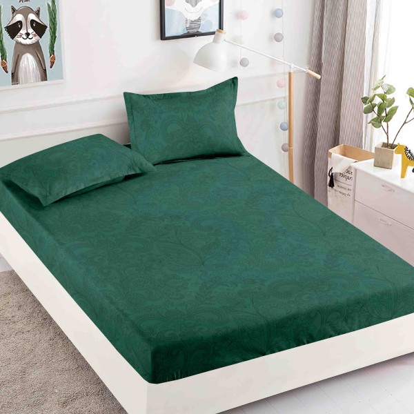 Cearsaf cu elastic, Bumbac FINET, 160/180x200cm, 2 fete de perne 50x70cm, Jojo Home, Verde, model floral [1]