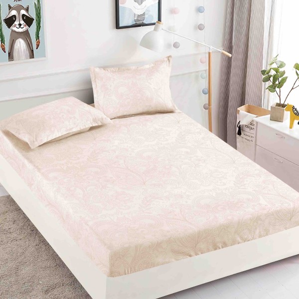 Cearsaf cu elastic, Bumbac FINET, 160/180x200cm, 2 fete de perne 50x70cm, Jojo Home, Crem, model floral [1]