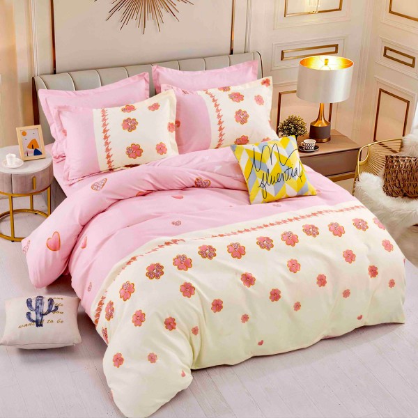 Lenjerie pat 1 PERSOANA,  FINET, 4 piese, Jojo Home, Crem-Roz, floricele [1]