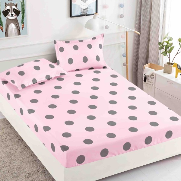 Cearsaf cu elastic, Bumbac FINET, 160/180x200cm, 2 fete de perne 50x70cm, Jojo Home, Roz, buline [1]