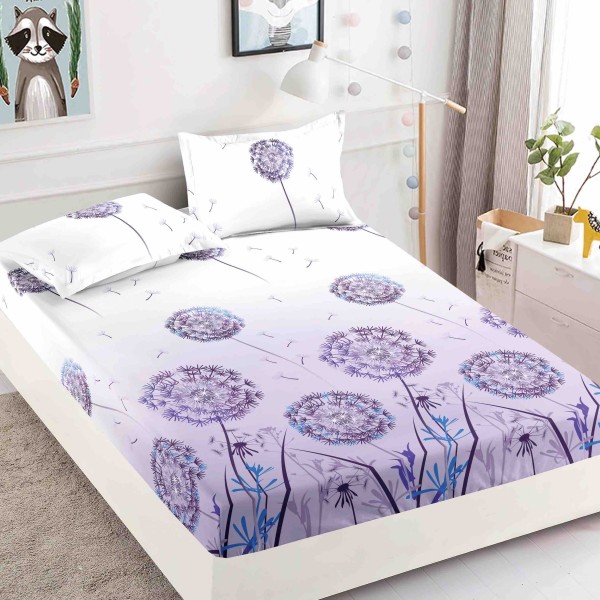 Cearsaf cu elastic, Bumbac FINET, 160/180x200cm, 2 fete de perne 50x70cm, Jojo Home, Mov, papadii [1]