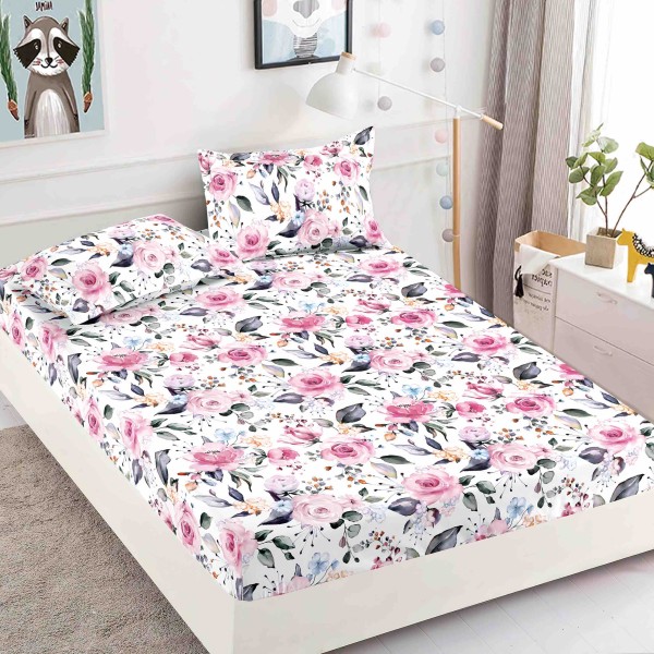 Cearsaf cu elastic, Bumbac FINET, 160/180x200cm, 2 fete de perne 50x70cm, Jojo Home, Alb, flori [1]